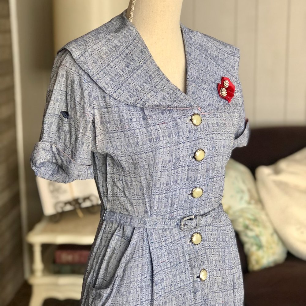 Vintage 1970s Handmade Belted Pink & Blue Pocket Dress - Picture 4 of 8